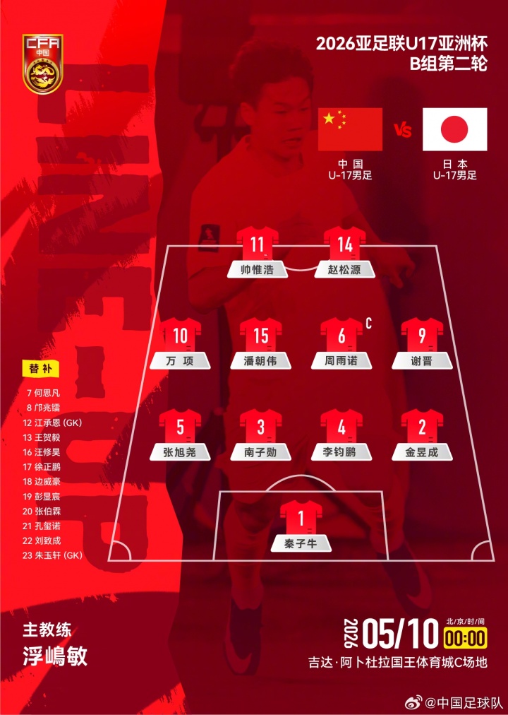 开云中国官网-U17亚洲杯B组第二轮,中国U-17男足对阵日本U-17男足,首发公布
